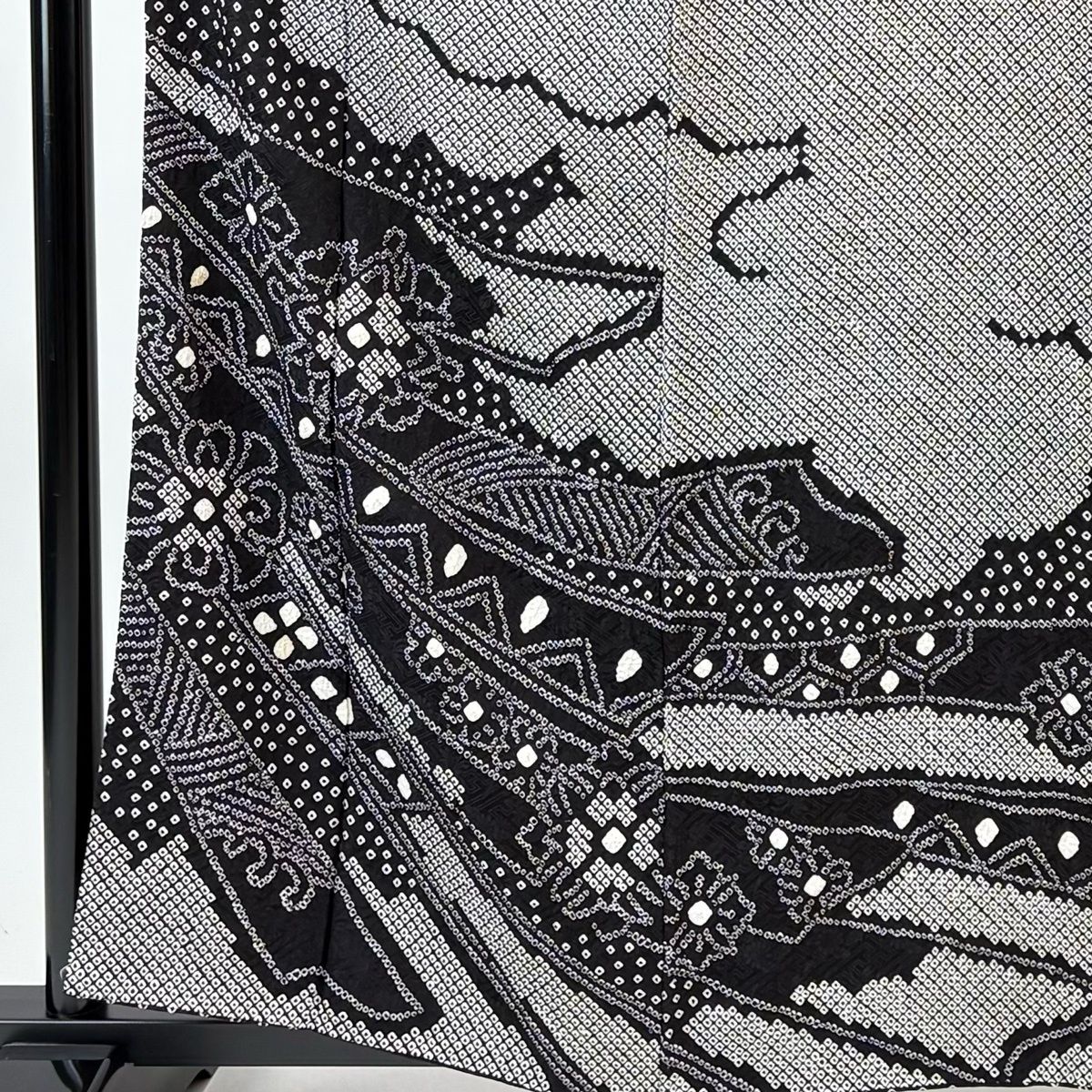 訪問着 身丈158.5 cm 裄丈63 S 袷 熨斗 花 総絞り 黒 正絹 秀品