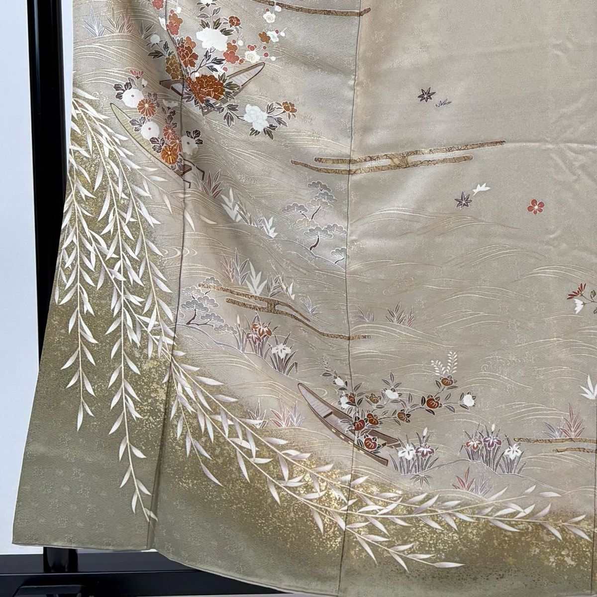 訪問着 身丈160.5 cm 裄丈65 M 袷 花舟 ヱ霞 金糸 金彩 ベージュ 正絹 秀品 一つ紋