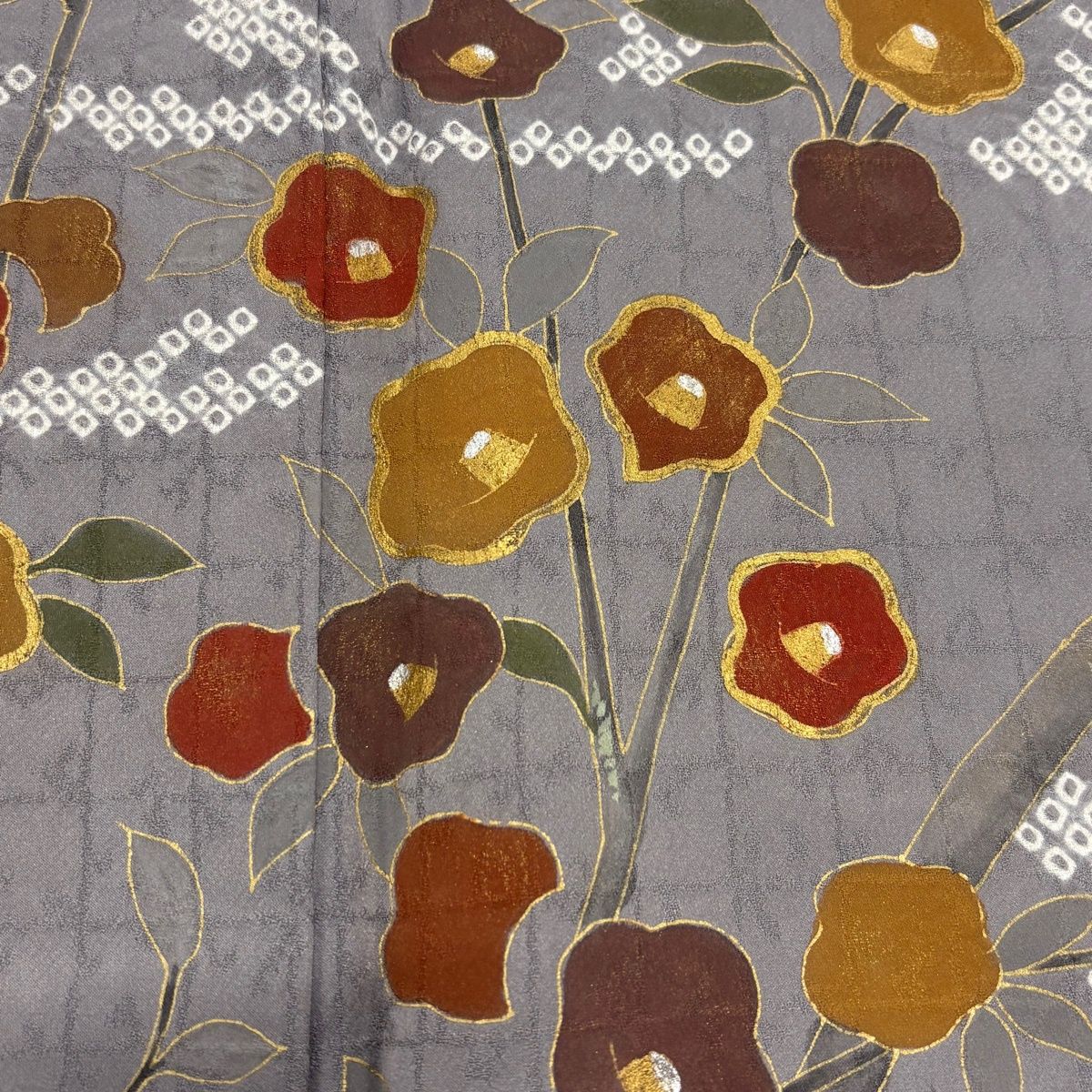  訪問着 身丈159.5 cm 裄丈65 M 袷 椿 霞 金銀彩 絞り 灰紫 正絹 秀品 訪問着 付け下げ 着物