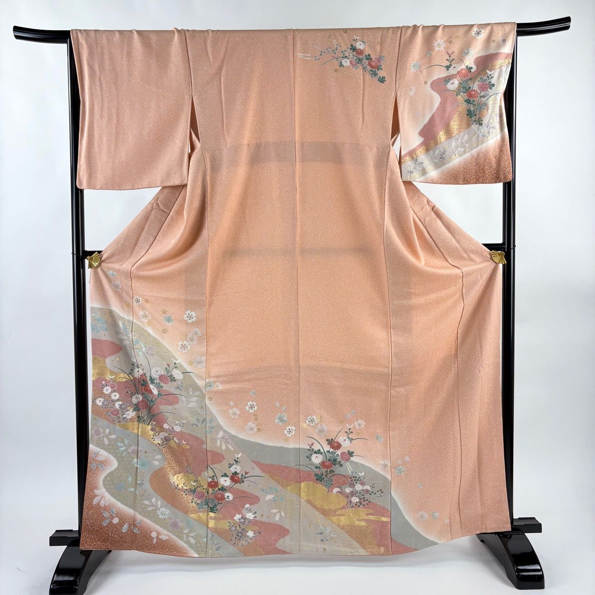 訪問着 身丈164 5 cm 裄丈67 M 袷 菊 霞 金彩 絞り 薄オレンジ 正絹 秀品