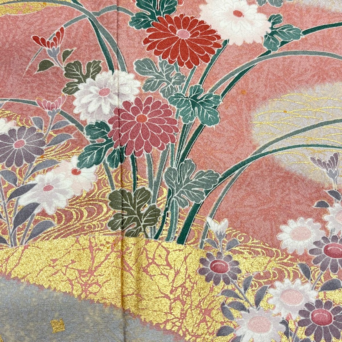  訪問着 身丈164.5 cm 裄丈67 M 袷 菊 霞 金彩 絞り 薄オレンジ 正絹 秀品 訪問着 付け下げ 着物