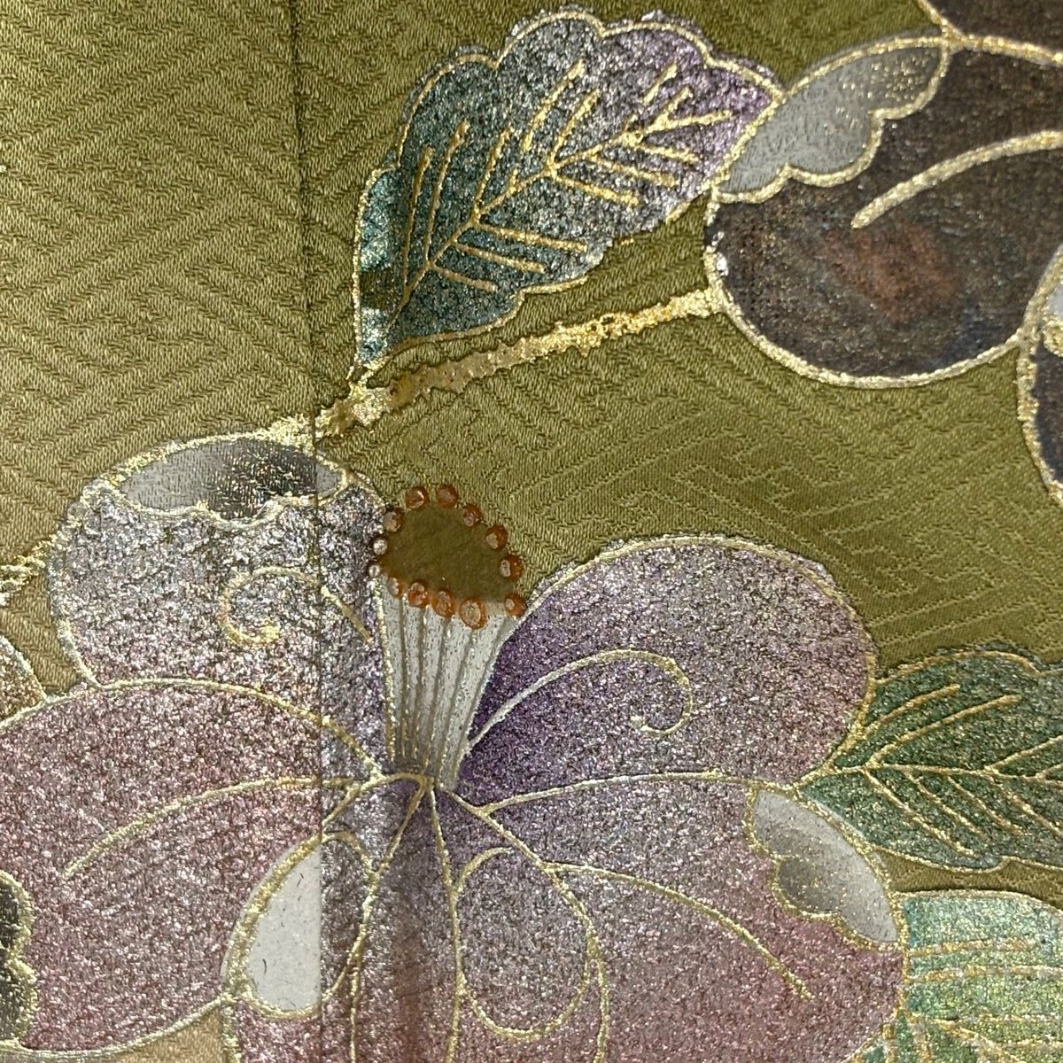  訪問着 身丈154 cm 裄丈64 M 袷 草花 波 金銀彩 ぼかし よもぎ色 正絹 秀品 訪問着 付け下げ 着物