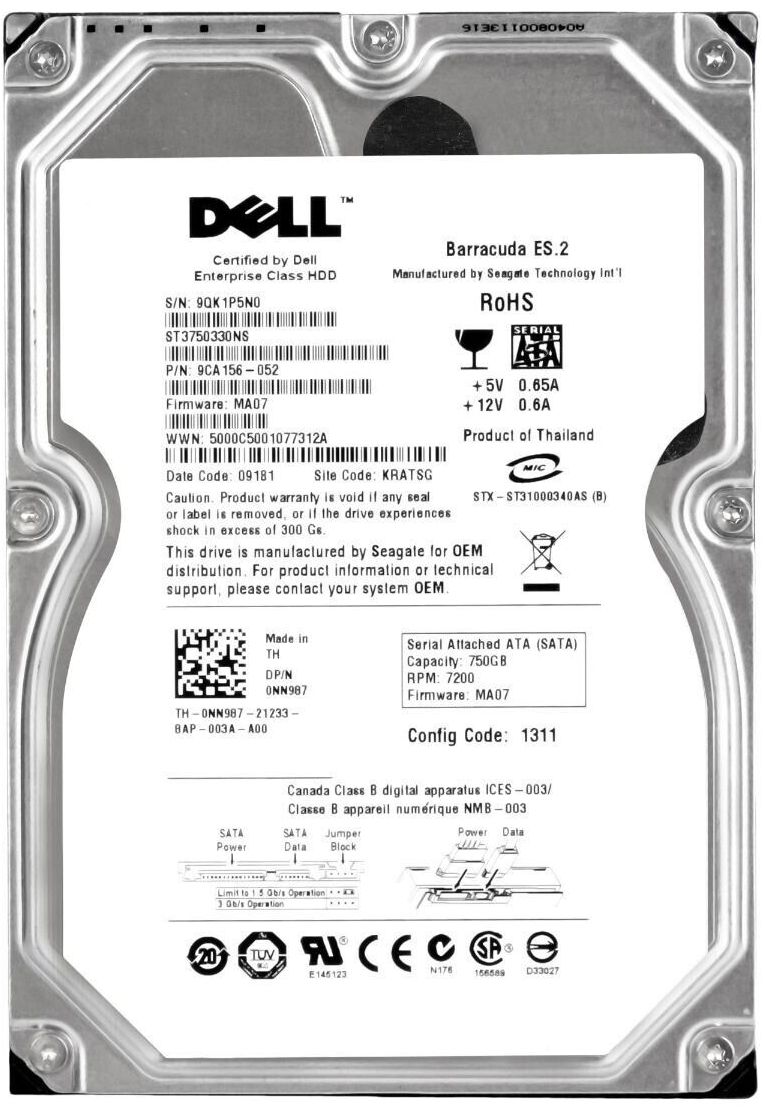 3年保証 Hard Drive Dell 0 NN 987 750 GB 7200 RPM 32 MB SATA II 3.5 Inch