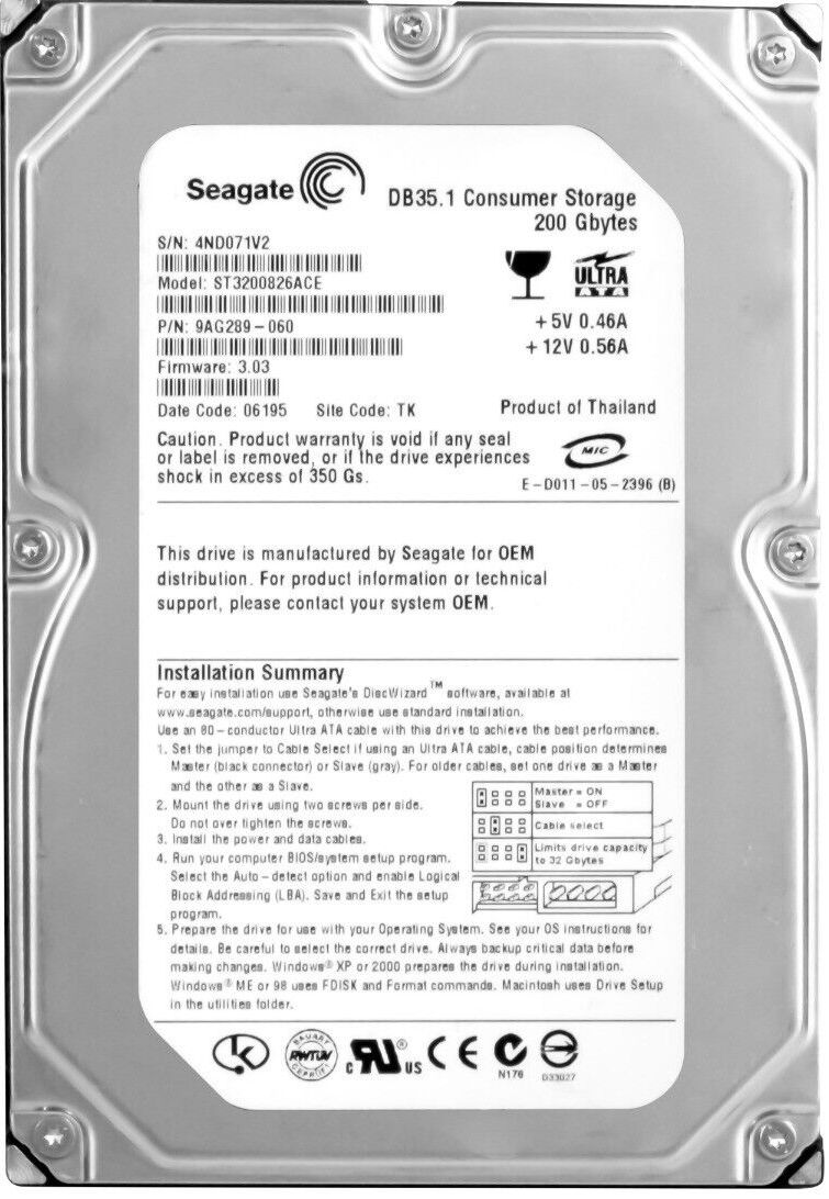 3年保証 Hard Drive Seagate DB 35.1 200 GB 7200 RPM 2 MB ATA IDE 3.5 Inch