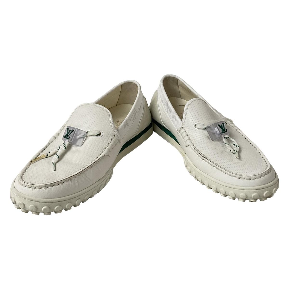 LOUIS VUITTON ルイヴィトン ドライビングシューズ 7 1 2 メンズ レーサー ライン 白×グリーン レザー