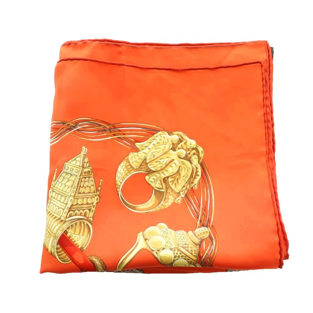 エルメス HERMES DU MONDE 世界の指輪 カレ90 スカーフ シルク 総柄 オレンジ MI OS OH