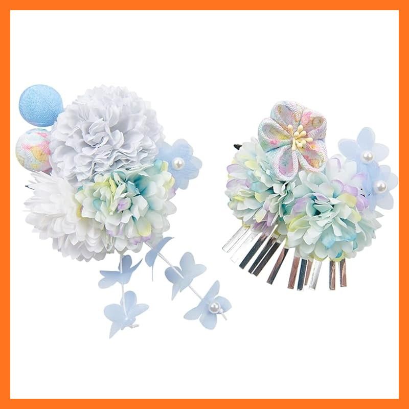 【新品】 OTAKUMARKET 髪飾り 七五三 成人式 浴衣 髪 飾り 花 袴 着物 振袖 和装 卒業式 結婚式 髪留め 子供 和風 高級造花 ヘアアクセサリー 2点セット (青 A) 1
