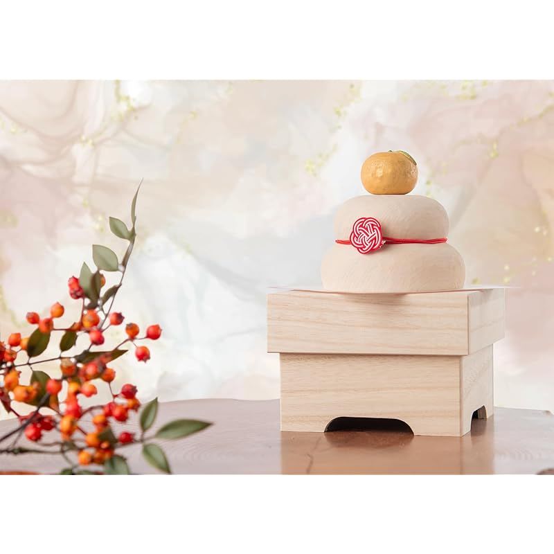 宝来宝来神社御祈祷 金運祈願の永世木彫り鏡餅 小サイズ 木製 桧 淡彩色仕上 ＿仏屋さかい原型監修 鏡餅 新年 正月 お飾り 木彫り 置物 御守 えいせいきぼりかがみもちＳ