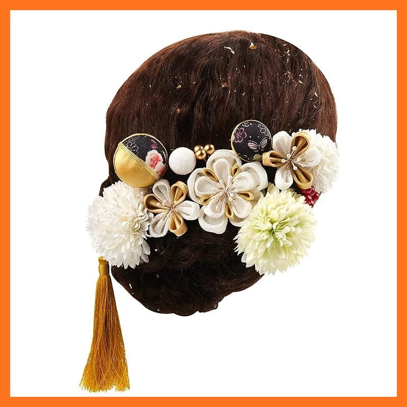 【新品】 [OTAKUMARKET] 髪飾り 成人式 振袖 13点セット つまみ細工 花 七五三 袴 着物 髪留め コーム ヘアアクセサリー 金箔 付き 3カラー (白) 1