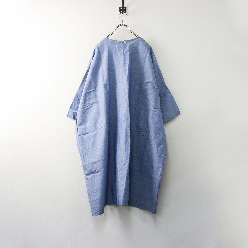 ミズイロインド mizuiro ind コットンリネン ワイドシルエット プルオーバーワンピース ブルー┃チュニック