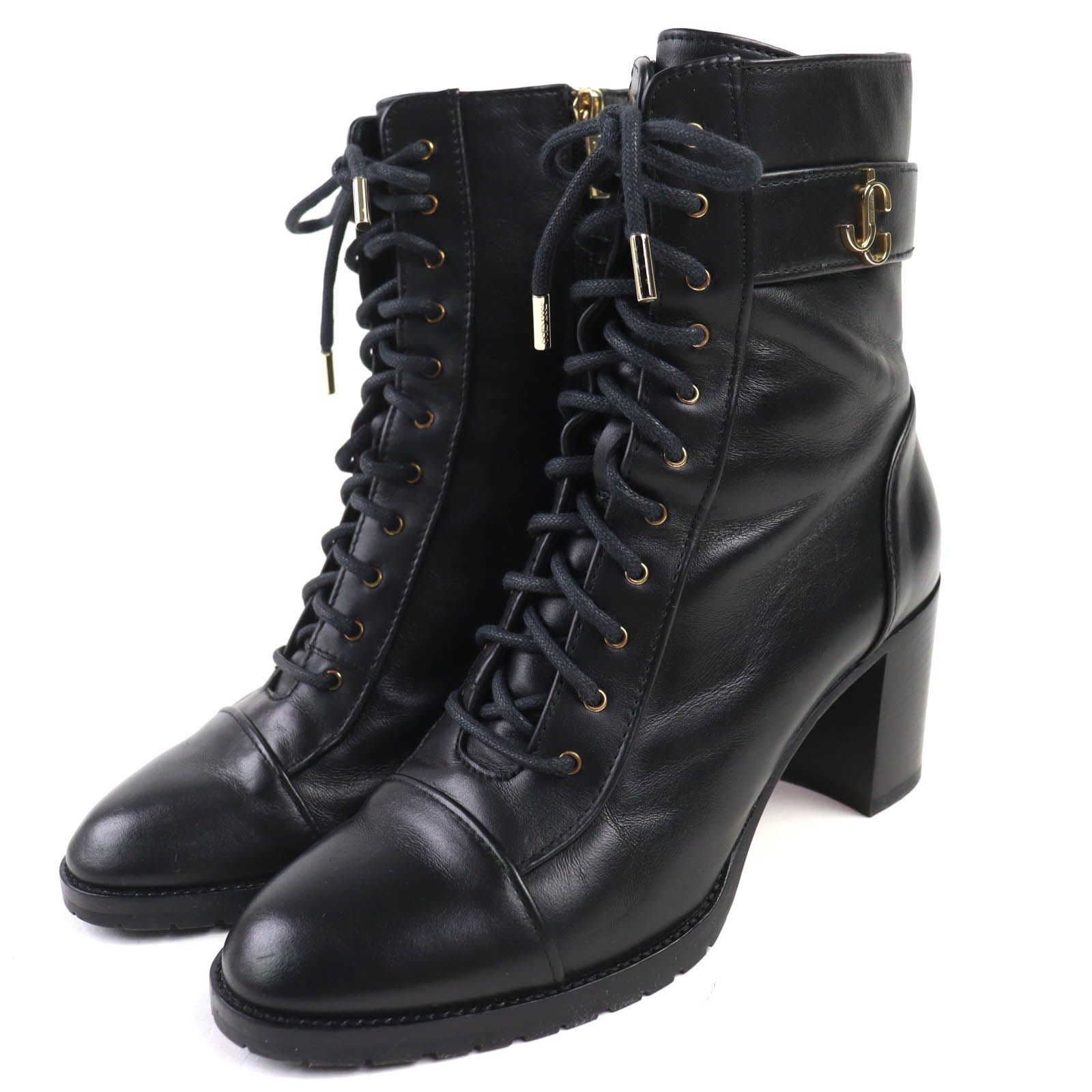 美品△JIMMY CHOO ジミーチュウ JCロゴ サイドジップ レースアップ レザー アンクルブーツ ショートブーツ ブラック 38 伊製 レディース 美品△JIMMY CHOO ジミーチュウ JCロゴ サイドジップ レースアップ