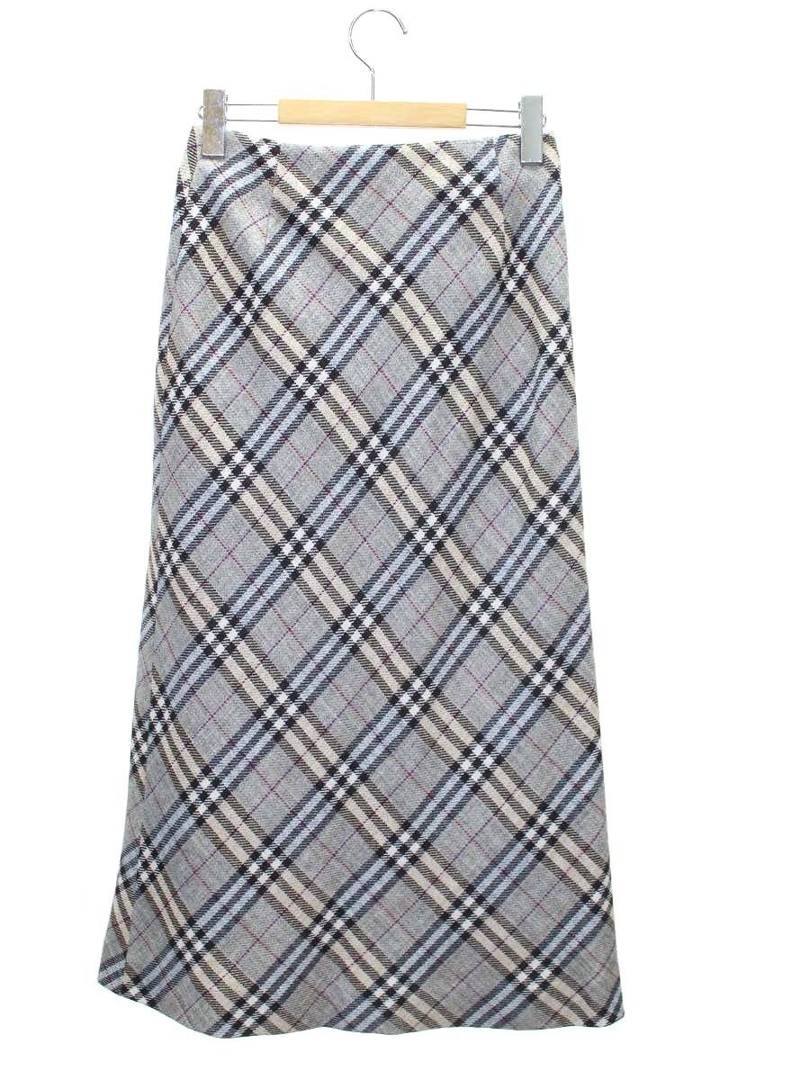 バーバリーロンドン ノバチェック FX 042-067 スカート 38 ベージュ ライトブルー シルク混 フリンジ