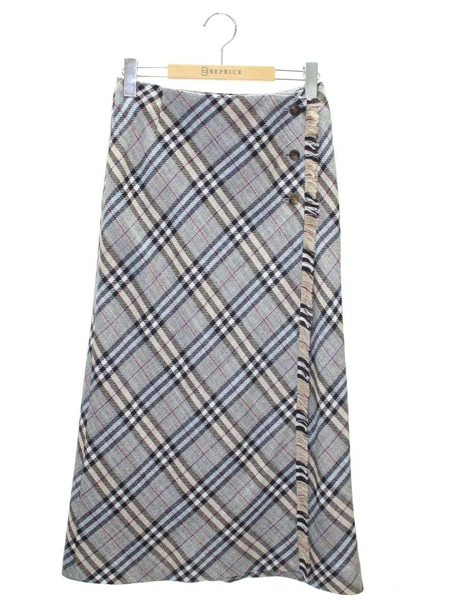 バーバリーロンドン ノバチェック FX 042 067 スカート 38 ベージュ ライトブルー シルク混 フリンジ