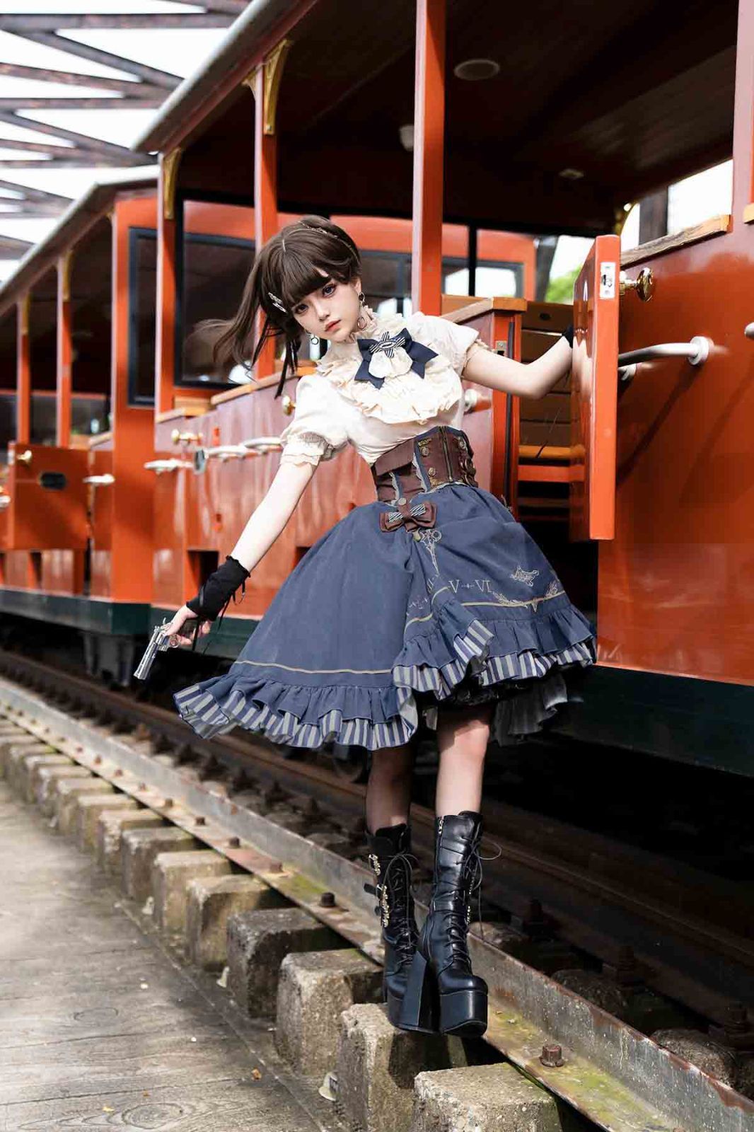 甘ロリ 鎏金指針ロリータ コーデセット ブラウス ウエストベルト スカート 日常 コスプレ S M L