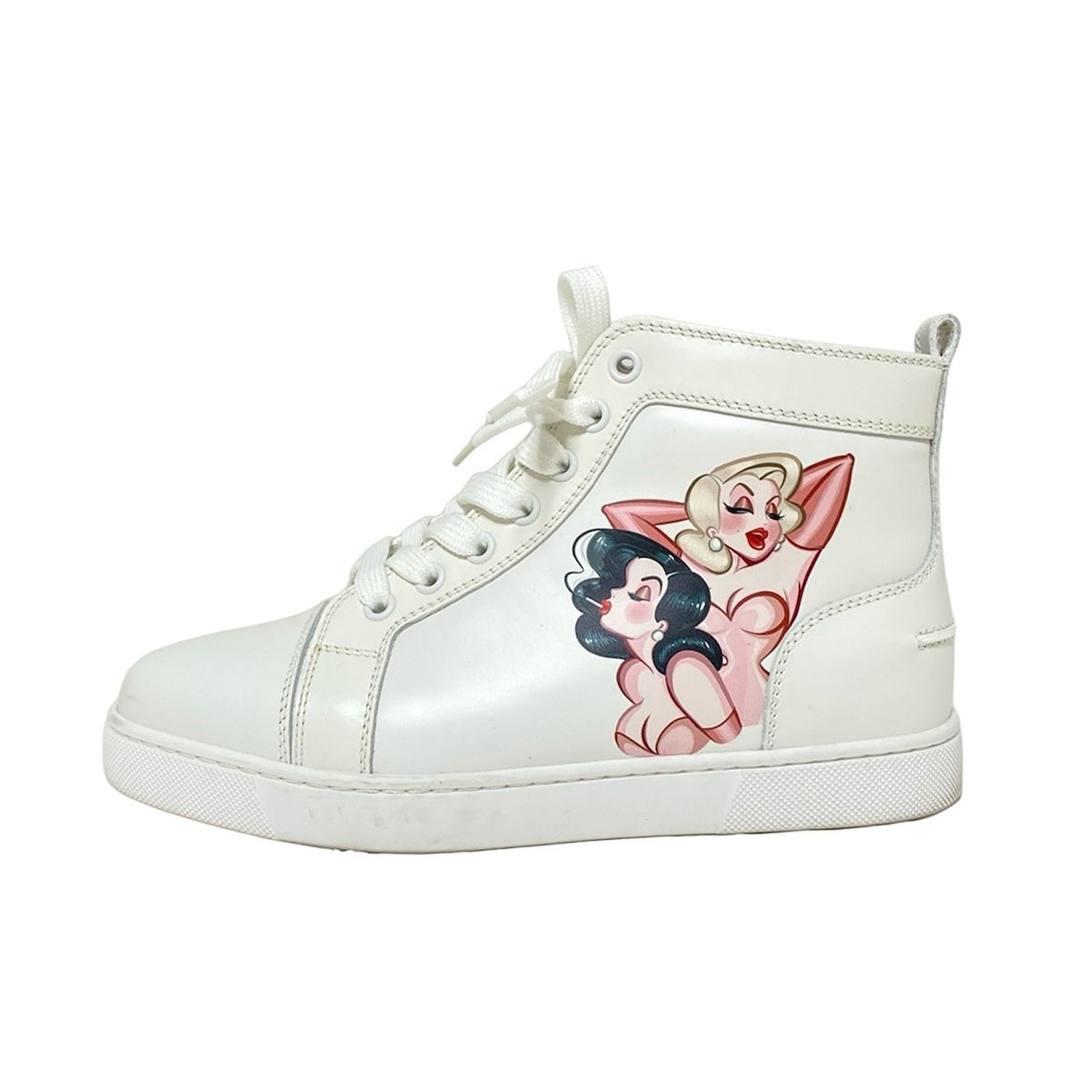 クリスチャンルブタン スニーカー 36 1|2 レディース 白×マルチ ハイカット|LOUPIN UP DONNA ルーパン アップ ドンナ|イラスト レザー