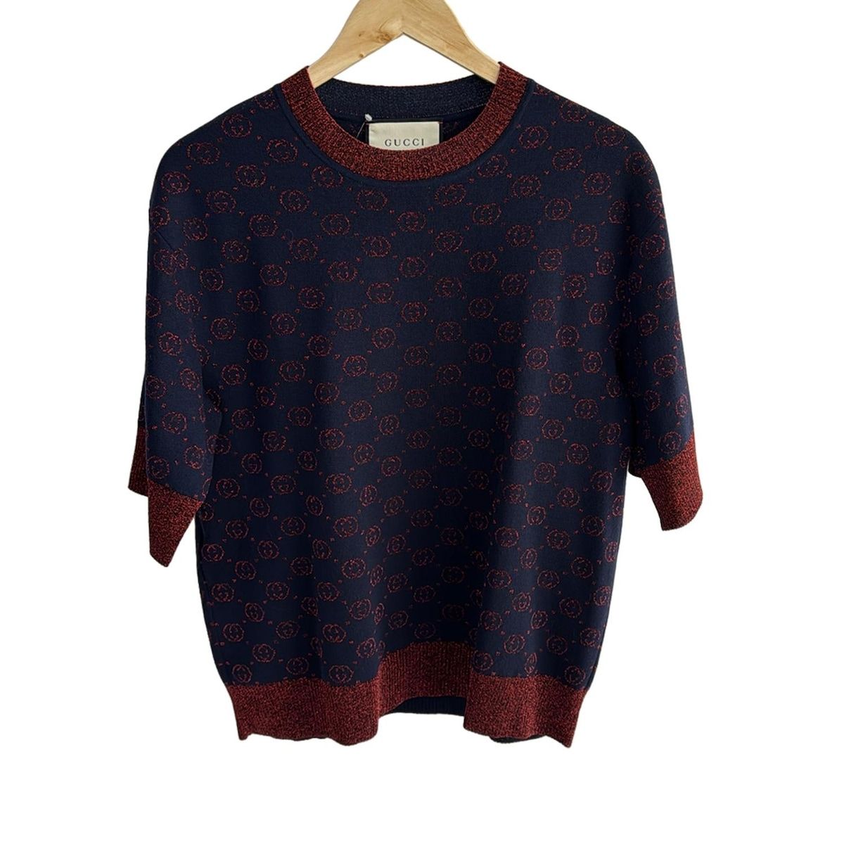 GUCCI グッチ 七分袖セーター サイズXS レディース - 605920 XKAHT ダークネイビー×レッド クルーネック|ラメ|インターロッキングG
