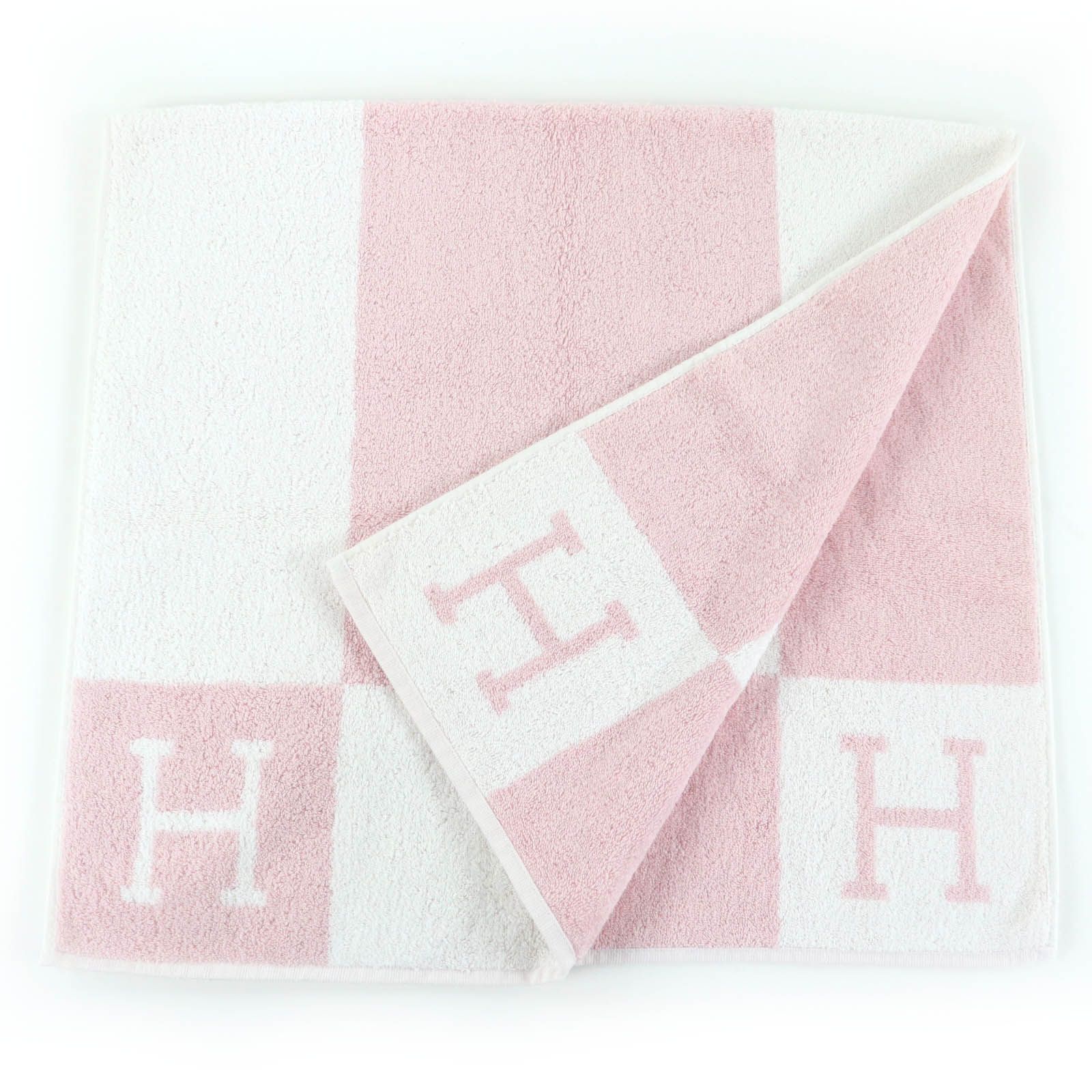 ♥品 HERMES エルメス アヴァロン コットン100％ Hロゴ バスタオル タオル ピンク ホワイト フランス製 レディース