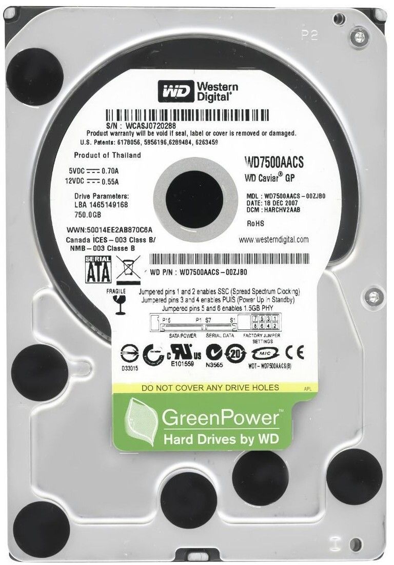 3年保証 Hard Drive Western Digital Green 750 GB 7200 RPM 16 MB SATA II 3.5