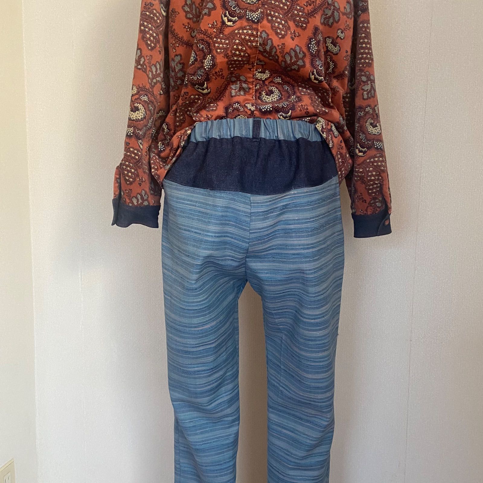 ウール紬着物リメイク デニム Backヨークテーパードパンツ