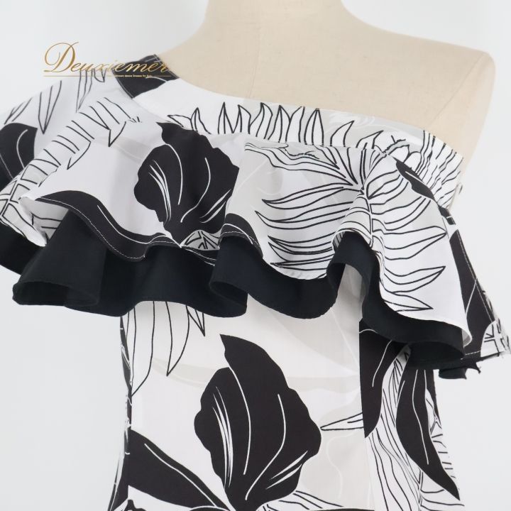 フラダンス 衣装 ワンピース ドレス マーメイドライン エムエムジェイ ブラック系 ホワイト系 MermaidLine MMJ アシンメトリー 肩出し モノクロ ワンショルダー フリル かわいい 華やか 鮮やか 上品 ハワイアン レッスン 練習