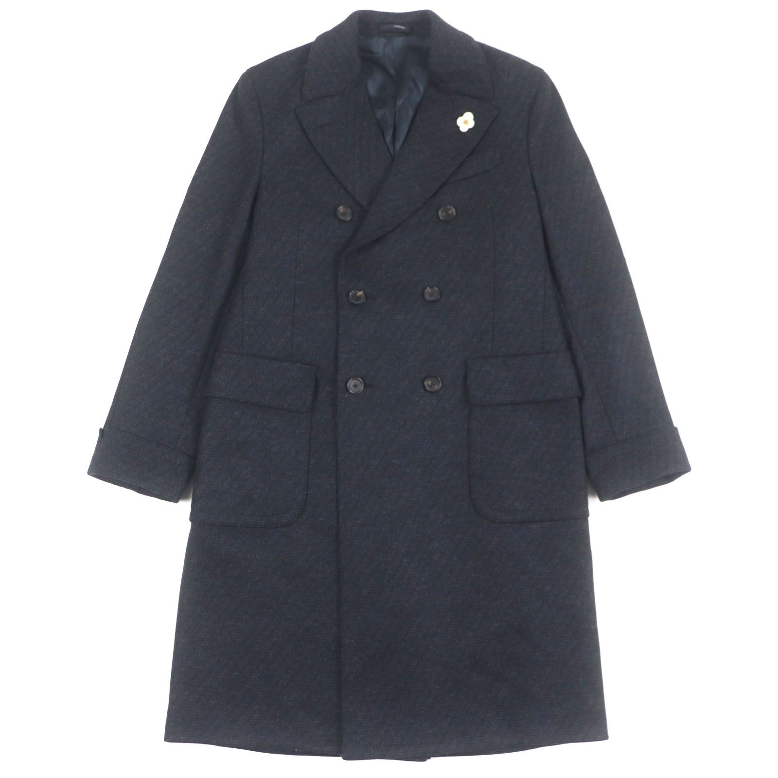 極美品▼LARDINI ラルディーニ JU23190 バスケット織り ダブルブレスト チェスターコート ブラック 52 ハンガー付 正規品　 定価192500円 極美品▽LARDINI ラルディーニ JU23190 ウール100% バスケット織り