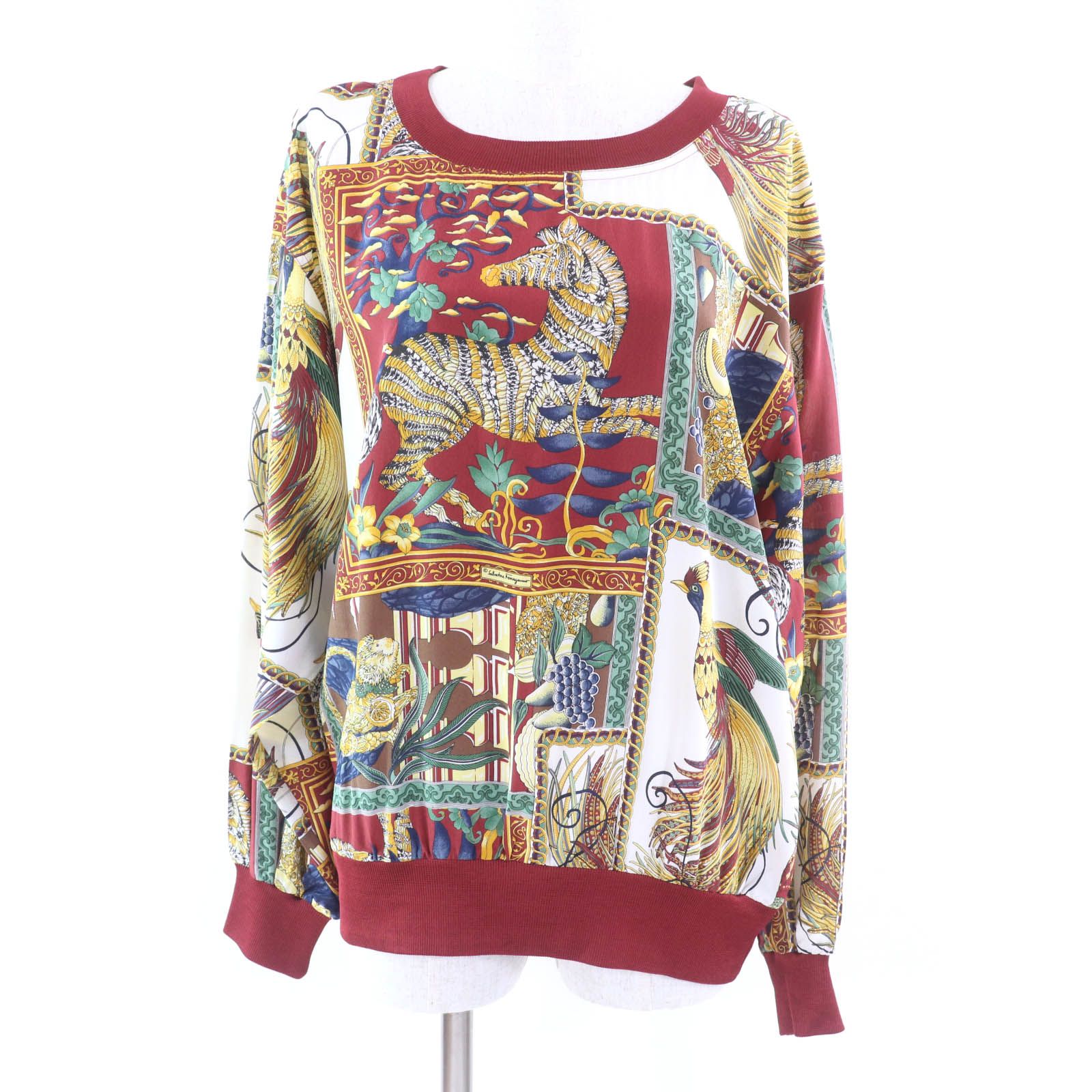 未使用品★Salvatore Ferragamo サルヴァトーレフェラガモ シルク100％ アニマルプリント 長袖 プルオーバー カットソー マルチ F 未使用品☆Salvatore Ferragamo サルヴァトーレフェラガモ シルク100