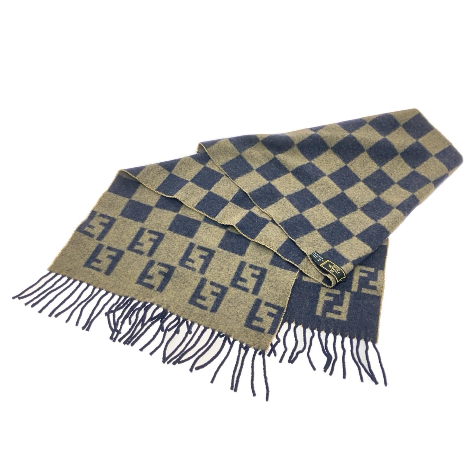 FENDI フェンディ ズッカ柄マフラー ボックスチェック ブラウン×ネイビー