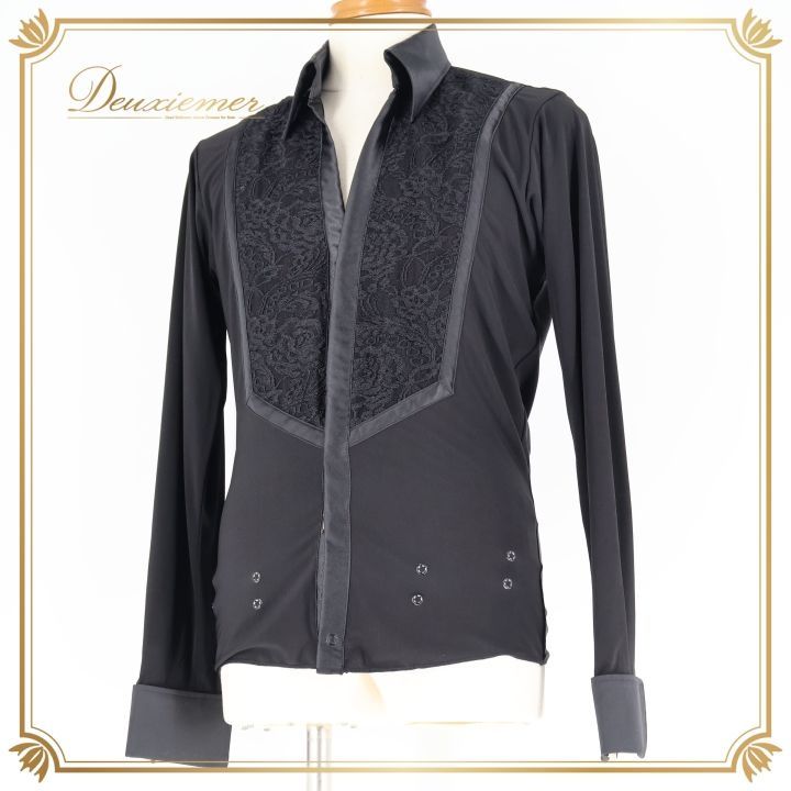 社交ダンス 衣装 タカダンス TAKADANCE シャツ ブラウス トップス メンズ 男性 黒 レース ラテン ダンス パーティ ブラック発表会 長袖 襟 ジャズ ブラック系 流行 デザイン おしゃれ パーティー衣装 ストレッチ 結婚式 ダンス用