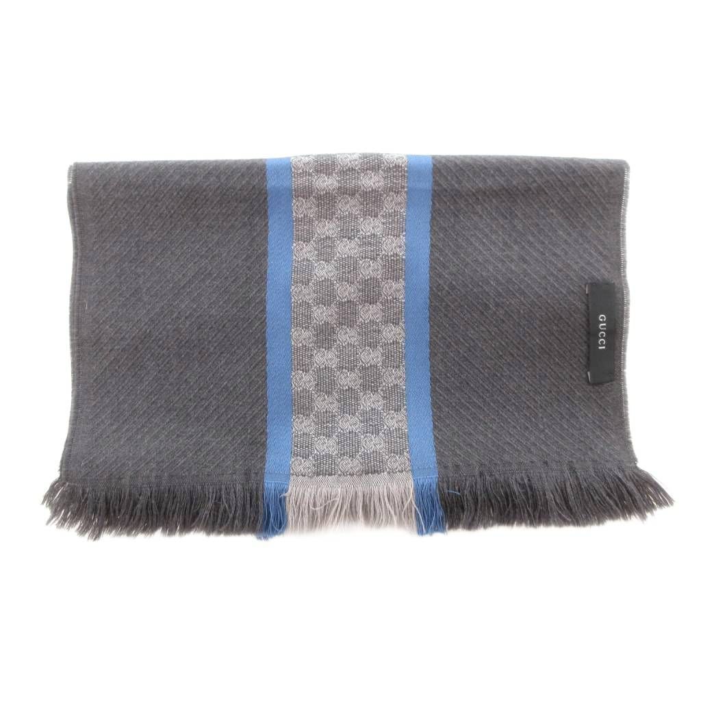 グッチ GUCCI マフラー ストール フリンジ GG柄 総柄 シルク混 黒 ブラック グレー YJ
