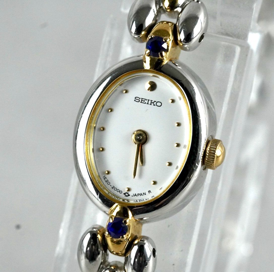  電池交換済み SEIKO セイコー 1 F 20-2000 クォーツ Quartz Vintage Watch ヴィンテージ ジュエリーウォッチ ブルーサファイア装飾 コンビ Oval オーバル ドレスウォッチ 稼働品 腕時計(クォーツ) 腕時計(アナログ)