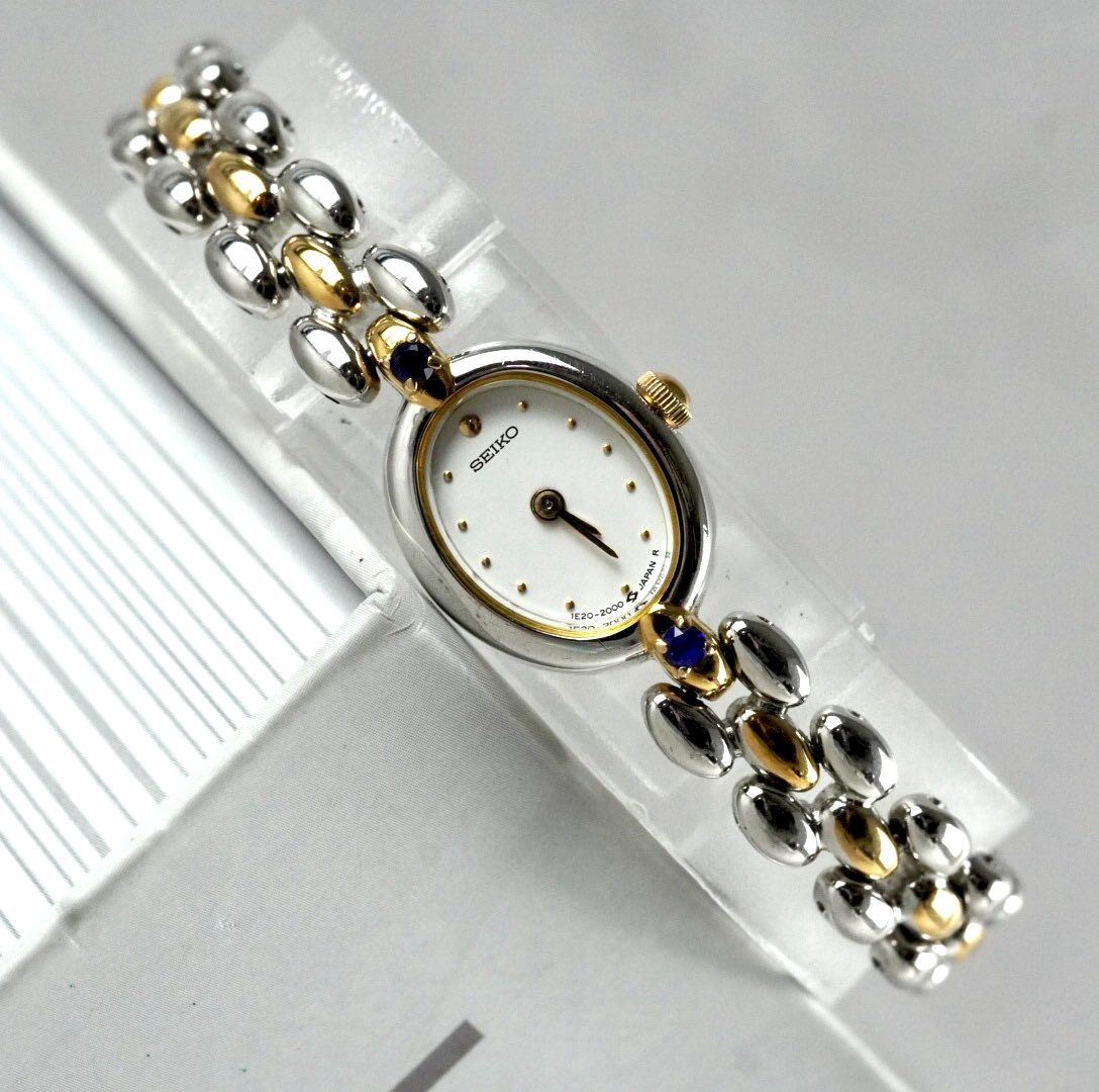 電池交換済み SEIKO セイコー 1 F 20-2000 クォーツ Quartz Vintage Watch ヴィンテージ ジュエリーウォッチ ブルーサファイア装飾 コンビ Oval オーバル ドレスウォッチ 稼働品