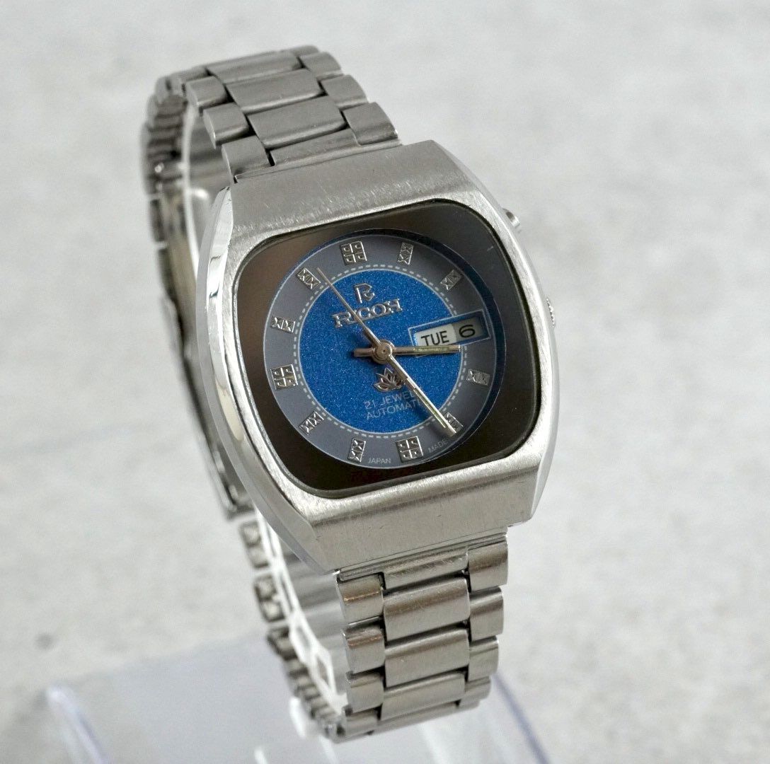 RICOH リコー Automatic 自動巻き 21石 21 Jewels Vintage Watch ヴィンテージ アンティーク ウォッチ 70 s TVスクリーン TV-screen ブルー文字盤 デイデイト Day-Date レトロ クラシック 稼働品