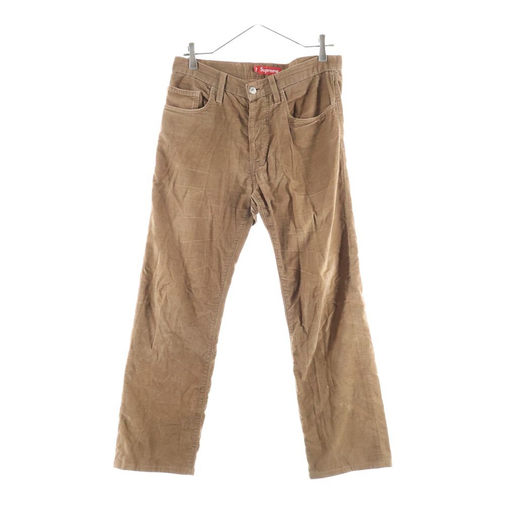 SUPREME シュプリーム レザーパッチ ベロア ベルベット ボタンフライ ストレート パンツ ジーンズ ブラウン