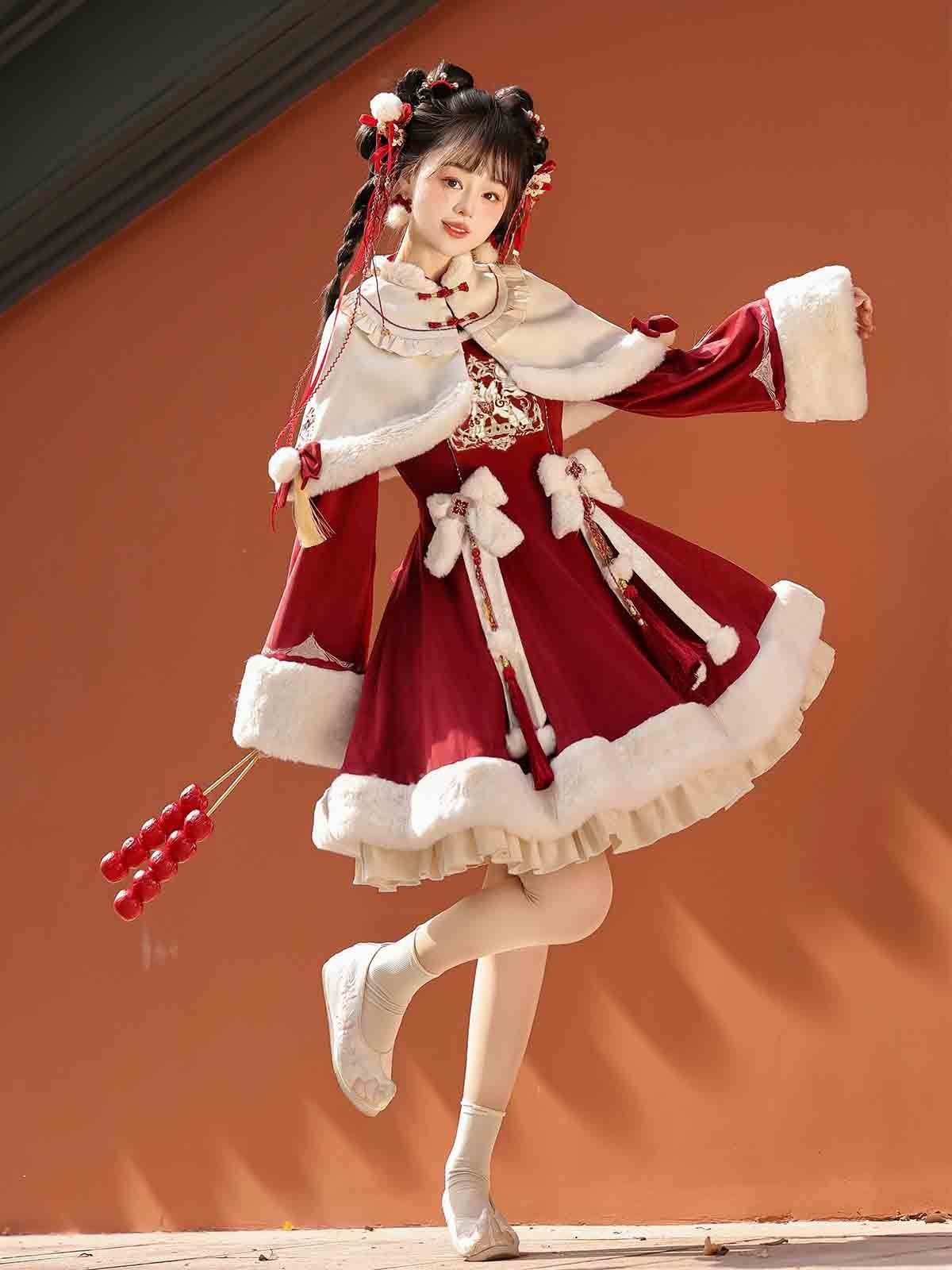 コスプレ 中華ドレス 中国風ロリータ ケープ付きワンピース 日常服 演出 撮影 仮装 衣装セット レトロ華やか レディース 冬 暖かい レッド