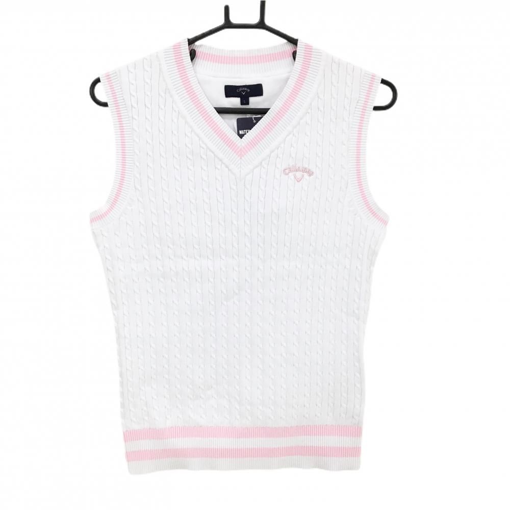キャロウェイ ニットベスト 白×ピンク ケーブル編み 撥水 レディース L ゴルフウェア Callaway