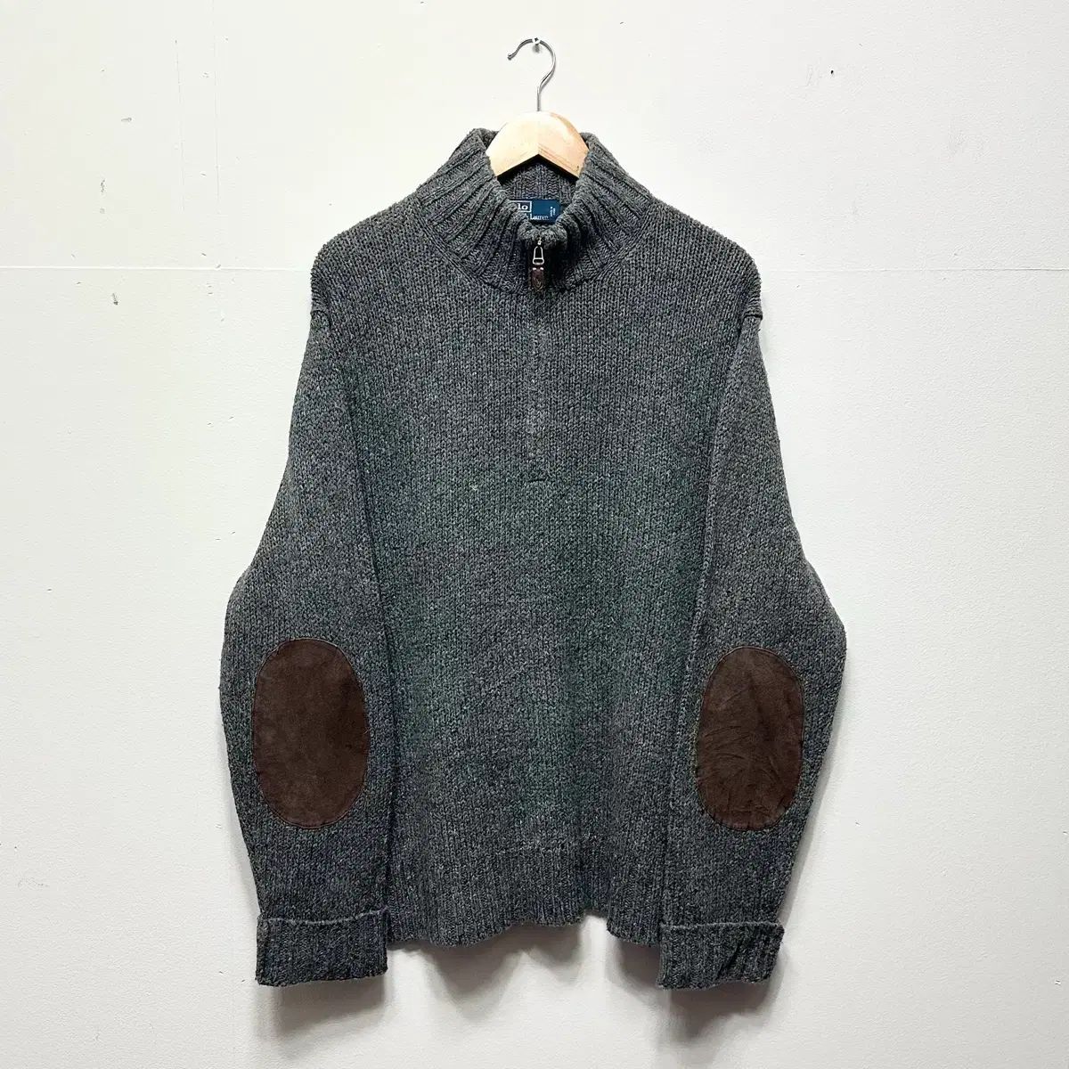 ポロラルフローレン ハーフジップアップ エルボーレザーパッチニット