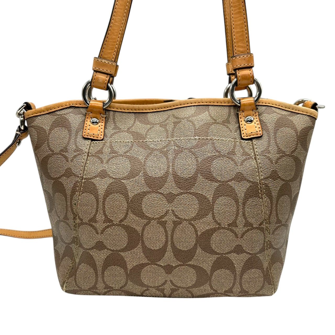 美品 コーチ COACH シグネチャー F20561 2WAY トートバッグ ショルダーバッグ ハンドバッグ 斜め掛け可 PVC レザー 本革 ベージュ ブラウン 茶 ロゴプレート レディース 軽量 撥水 肩掛け キャリーオール 鞄 カバン 通勤 通学 s85 美品 コーチ COACH シグネチャー F20561 2WAY トートバッグ ショルダー