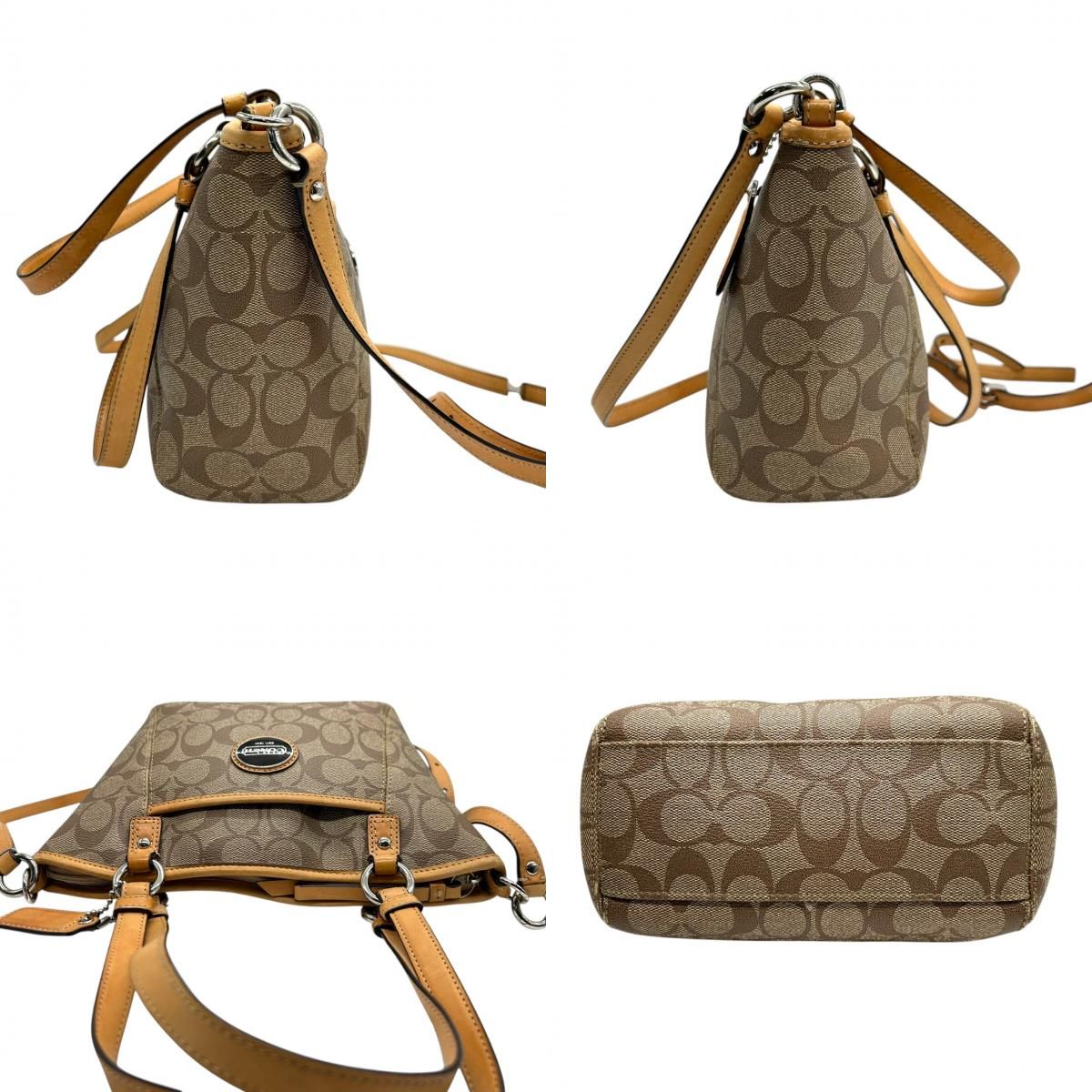 美品 コーチ COACH シグネチャー F20561 2WAY トートバッグ ショルダーバッグ ハンドバッグ 斜め掛け可 PVC レザー 本革 ベージュ ブラウン 茶 ロゴプレート レディース 軽量 撥水 肩掛け キャリーオール 鞄 カバン 通勤 通学 s85 美品 コーチ COACH シグネチャー F20561 2WAY トートバッグ ショルダー