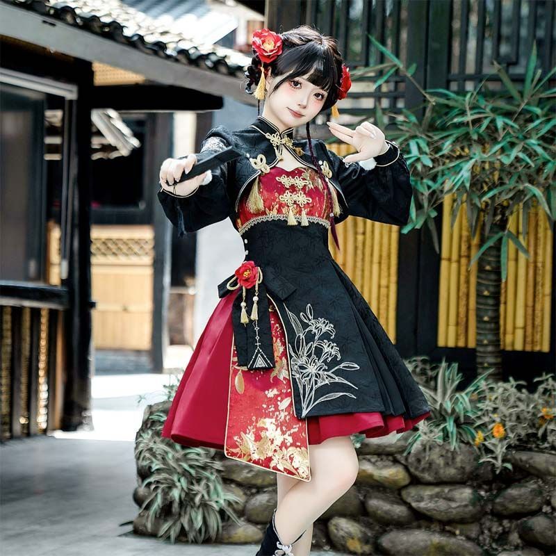 捉妖少女風 中華 ドレス 中国風ロリータ 新中式漢服 上衣 脚カバー キャミワンピ セパレートスカート可愛いセット コスプレ 仮装 撮影 イベント衣装 レディース ブラック