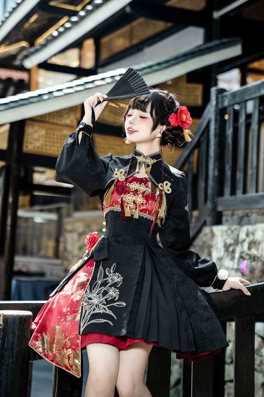 捉妖少女風 中華 ドレス 中国風ロリータ 新中式漢服 上衣 脚カバー キャミワンピ セパレートスカート可愛いセット コスプレ 仮装 撮影 イベント衣装 レディース ブラック