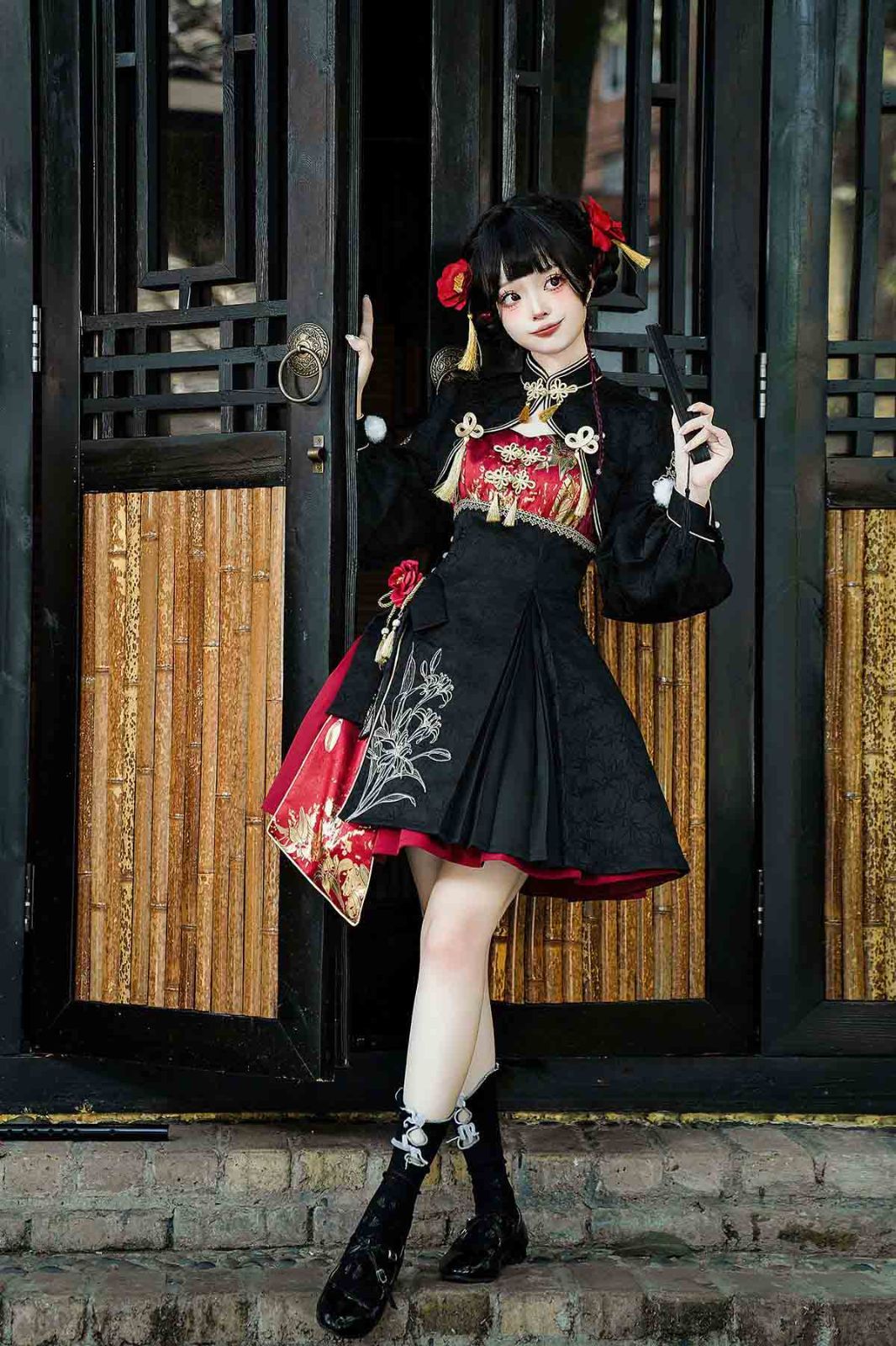 捉妖少女風 中華 ドレス 中国風ロリータ 新中式漢服 上衣 脚カバー キャミワンピ セパレートスカート セット コスプレ 仮装 撮影 イベント衣装 レディース ブラック