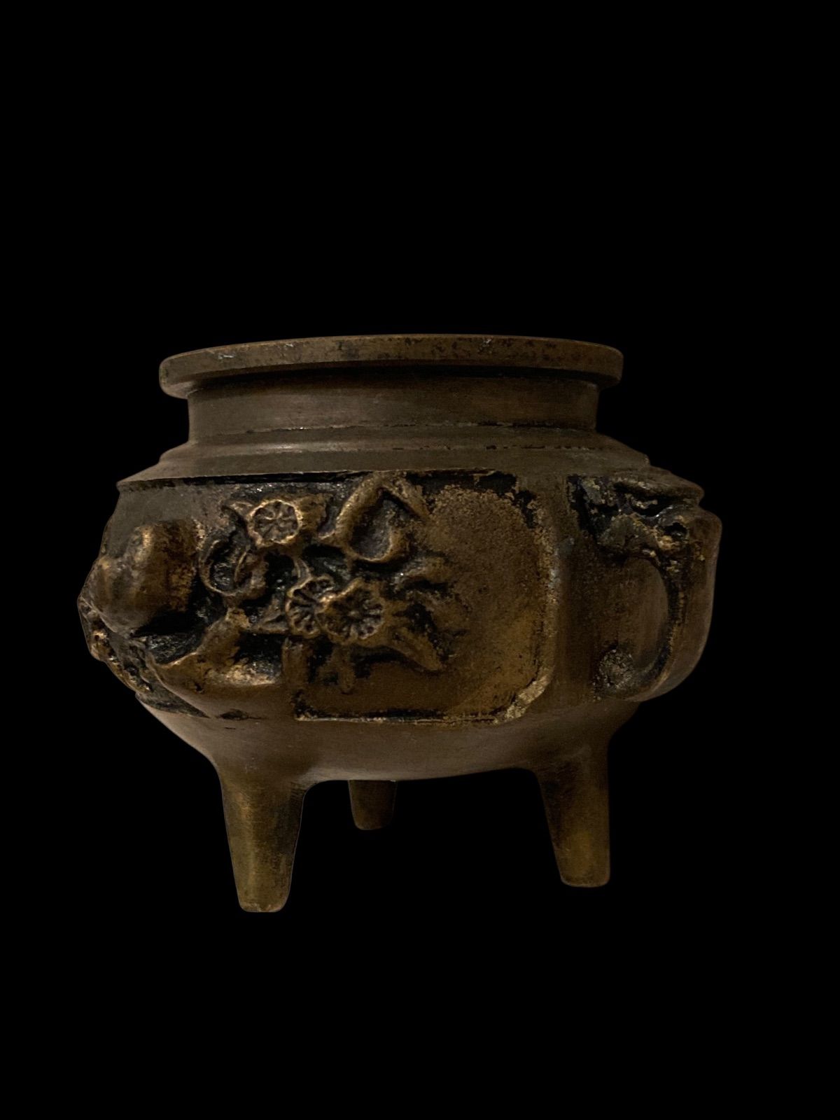 香炉 線香立て 鳥 花 彫刻 3足 唐銅 からかね 製 三足香炉 さんそく