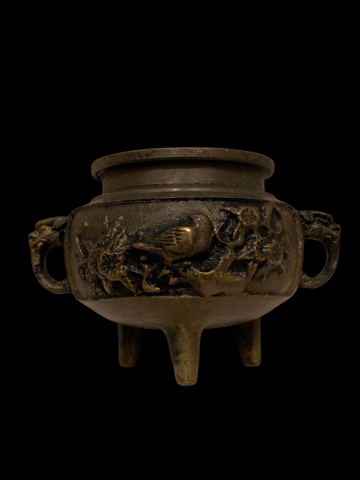 香炉 線香立て 鳥 花 彫刻 3足 唐銅 からかね 製 三足香炉 さんそく