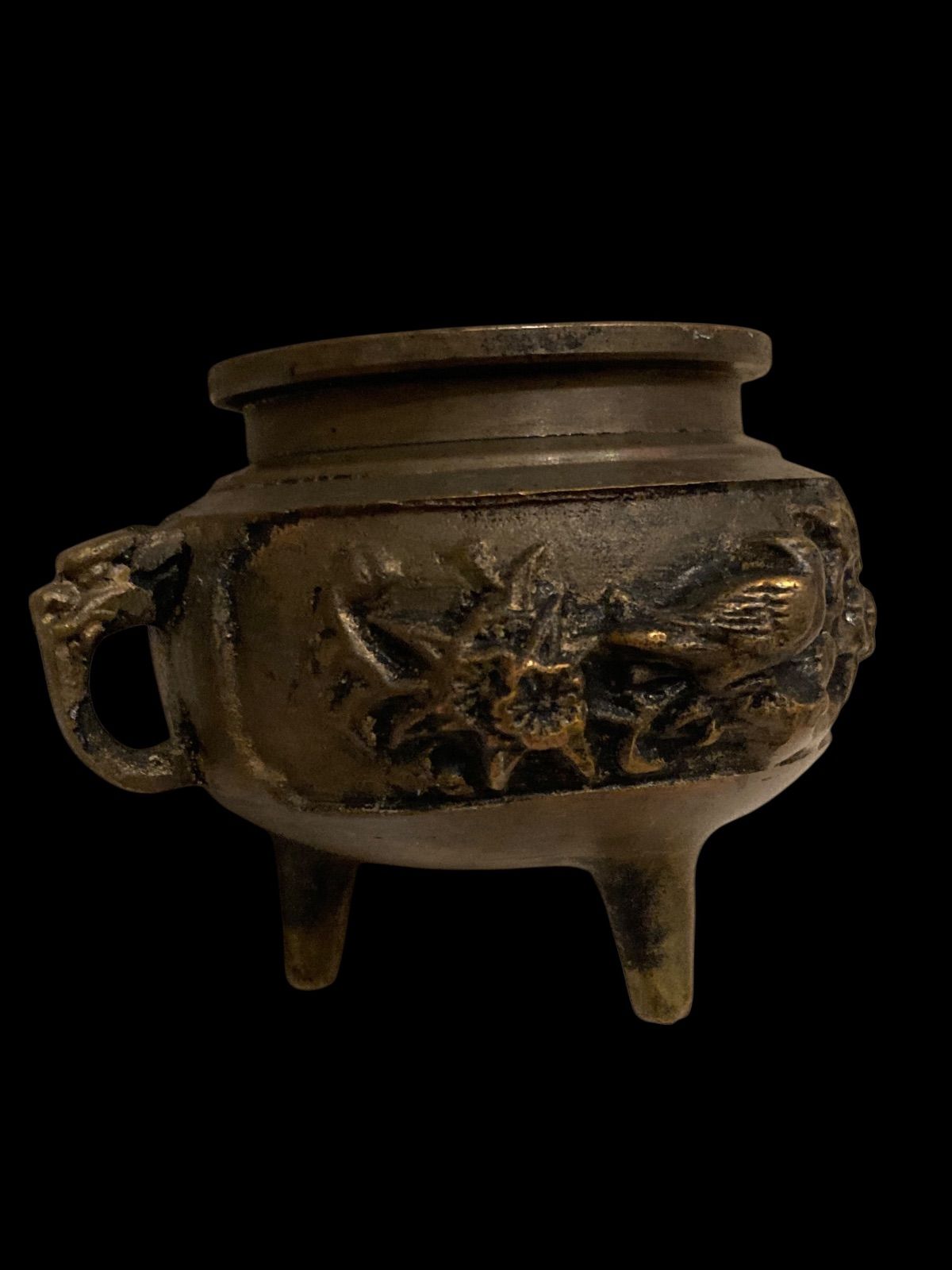 香炉 線香立て 鳥 花 彫刻 3足 唐銅 からかね 製 三足香炉 さんそく