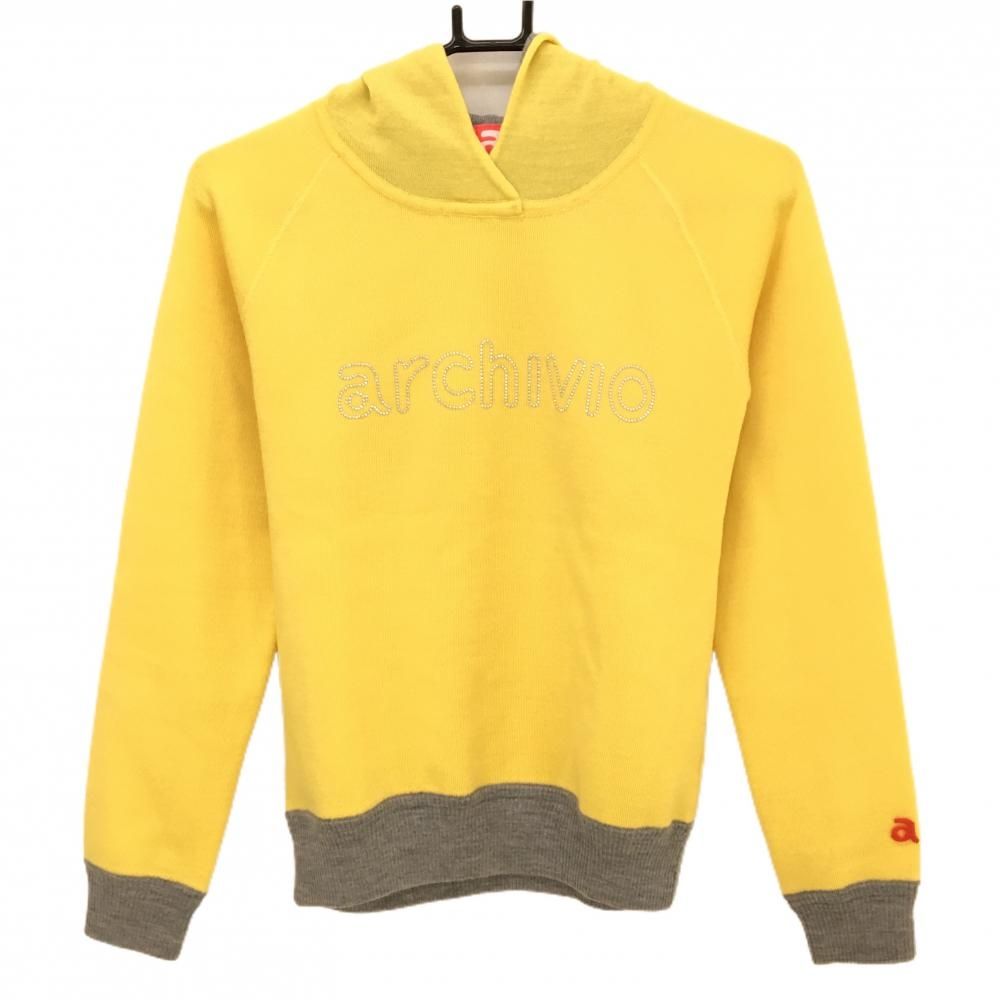 アルチビオ セーター イエロー パーカー風 ラインストーンロゴ ウール100％ ニット レディース 38 M ゴルフウェア archivio