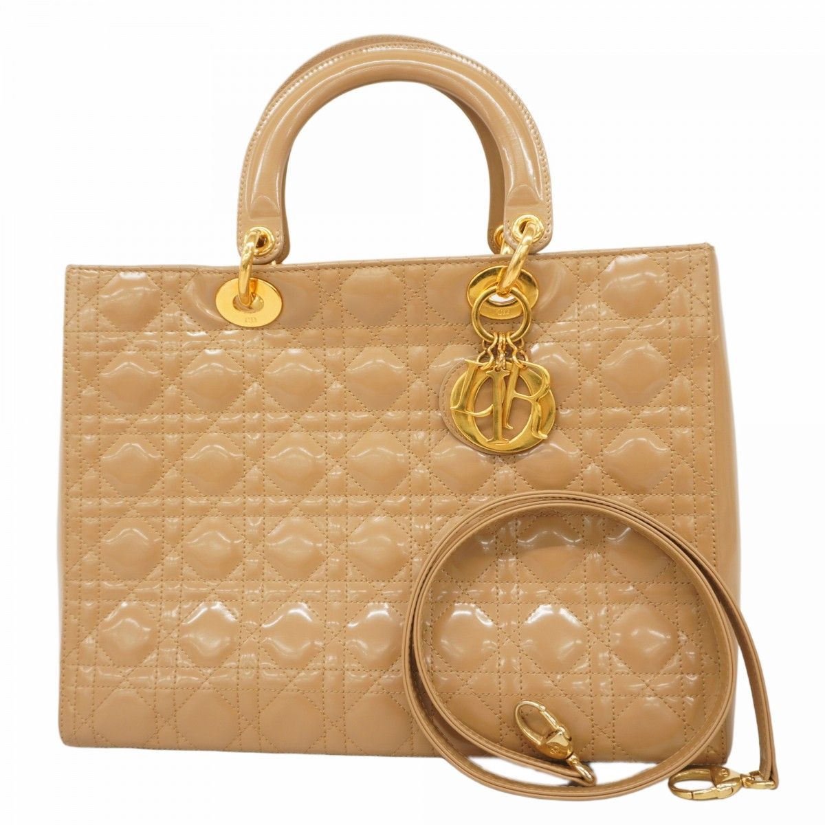 5 pa 1184 クリスチャンディオール ハンドバッグ カナージュ レディディオール エナメル ブラウン ゴールド金具 2 wayバッグ レディース