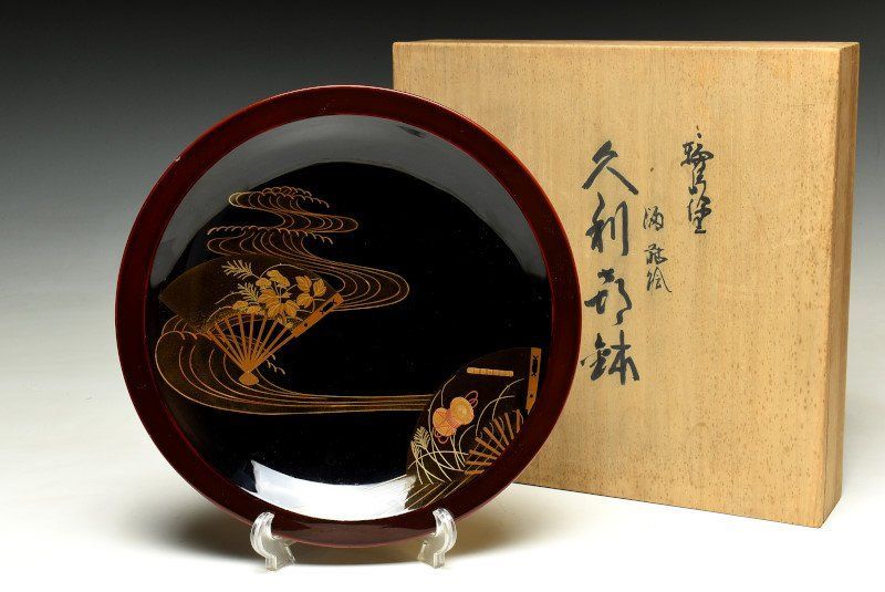 蔵A 2342 g 輪島塗 扇面草花流水文蒔絵 久利盛鉢 飾皿 共箱
