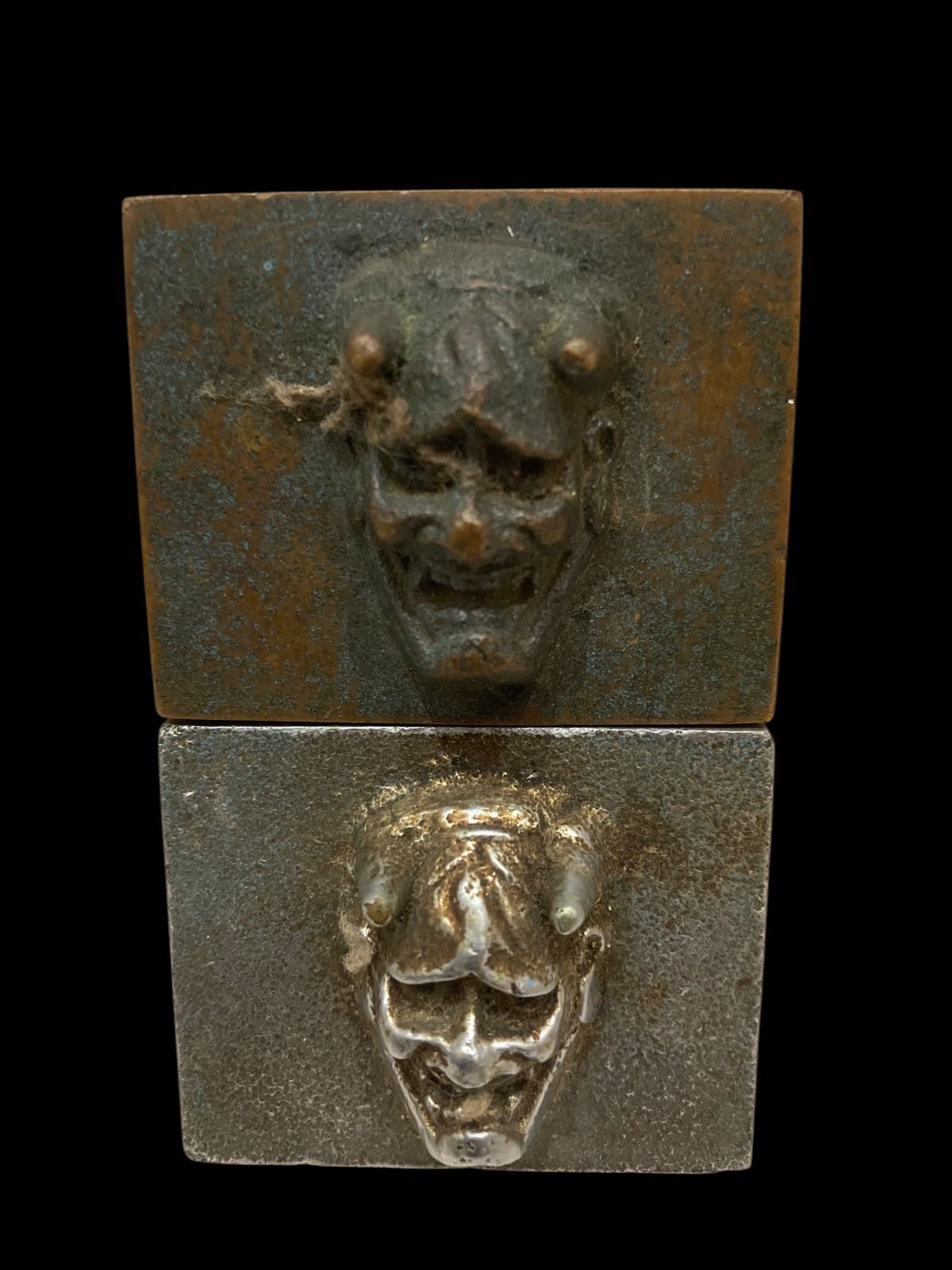 鬼 般若 はんにゃ 文鎮 ぶんちん おもり 鋳造 色 銀 銅 シルバー ブラウン 素材 不明 習字 茶道 彫刻 アンティーク レトロ ヴィンテージ 時代物 古美術 骨董 N 25 L T 30