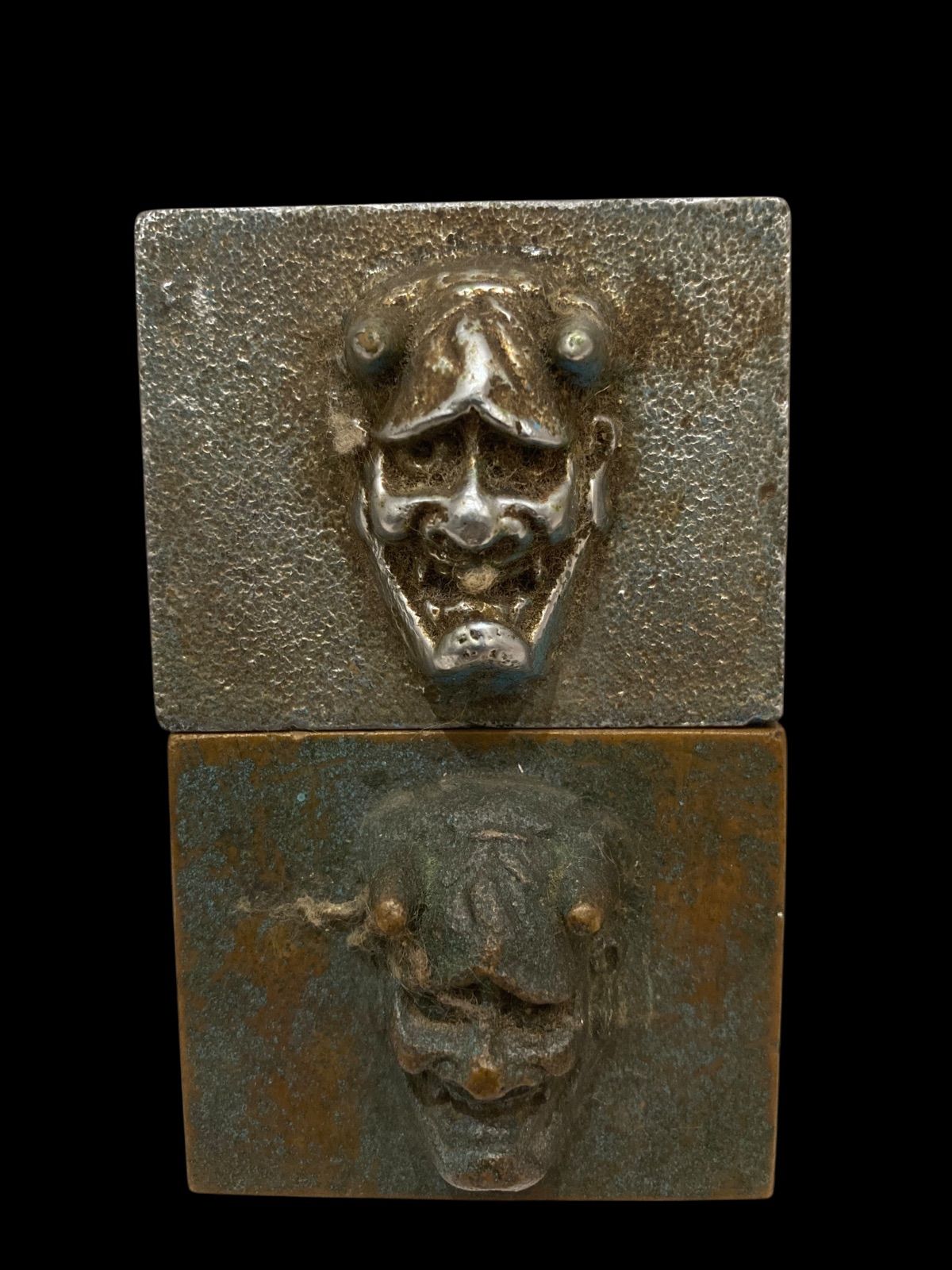 鬼 般若 はんにゃ 文鎮 ぶんちん おもり 鋳造 色 銀 銅 シルバー ブラウン 素材 不明 習字 茶道 彫刻 アンティーク レトロ ヴィンテージ 時代物 古美術 骨董 N 25 L T 30