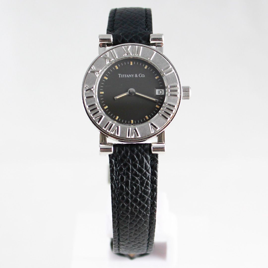SA 189 TIFFANY - Co. ティファニー アトラス レディース SSケース ブラック文字盤 革ベルト ローマ数字 ベゼル シンプル 上品 洗練 腕時計 Atlas Watch 銀座サコム堂 |期間 販売